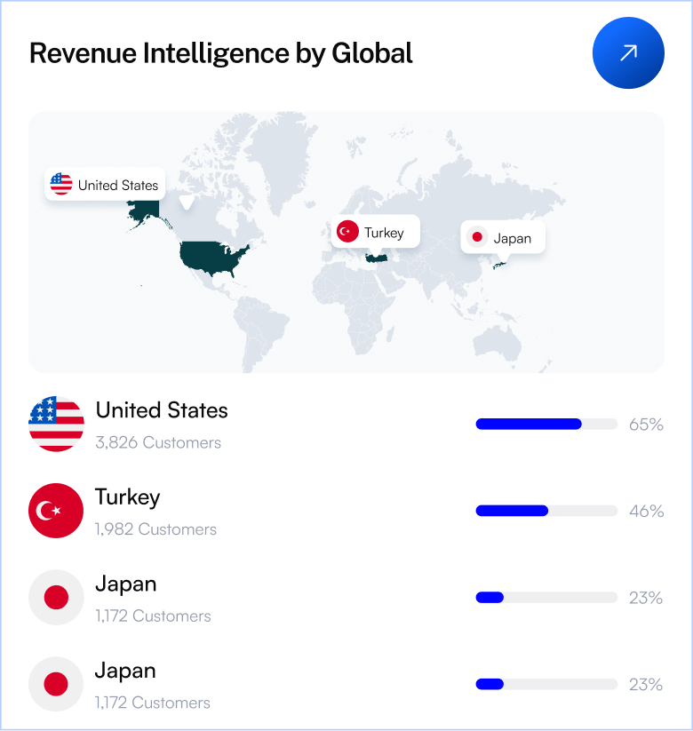 World map highlighting United States, Turkey, and Japan with customer counts and revenue percentages: United States 3,826 customers 65%, Turkey 1,982 customers 46%, Japan 1,172 customers 23%.